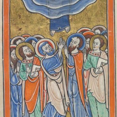 File:Images from the life of Christ - The Ascension, Christ ascends into heaven above the apostles - Psalter of Eleanor of Aquitaine (ca. 1185) - KB 76 F 13, folium 026v.jpg